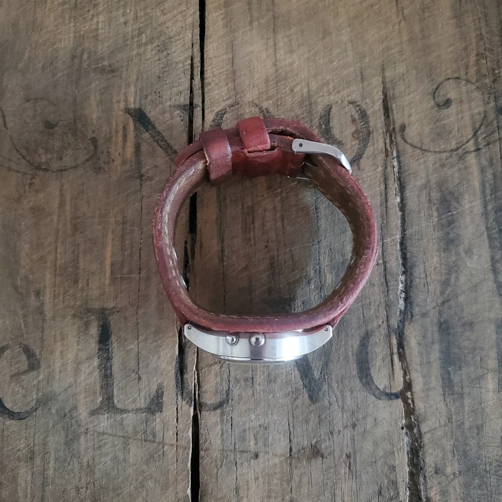 FOSSIL 'Rare' Vintage Big Tic Hearts Leather |‎ Stainless Steel Wide Band Watch